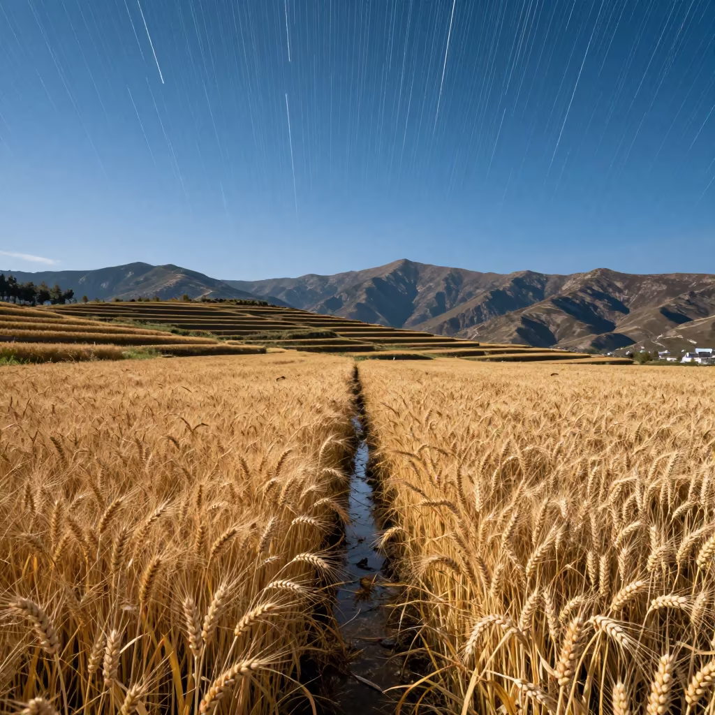 Meteor Trails Over Terraced Wheat Fields in Kamchatka in among terraced rice paddies in Kamchatka