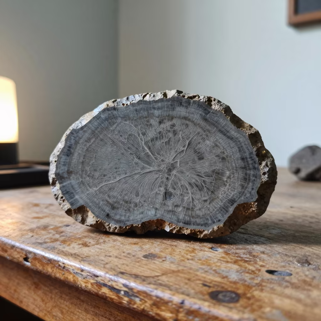 Meteorite Slice Widmanstätten Pattern Ibadan in on a wooden workbench in Ibadan