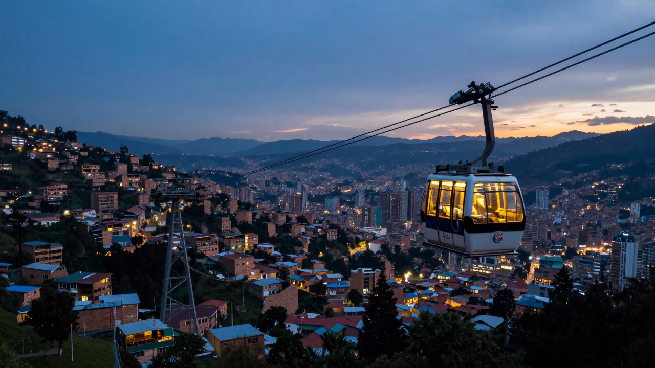 Metro Cable Car Crossing Aburrá Valley at Blue Hour in Medellin Colombia in in Medellin, Colombia