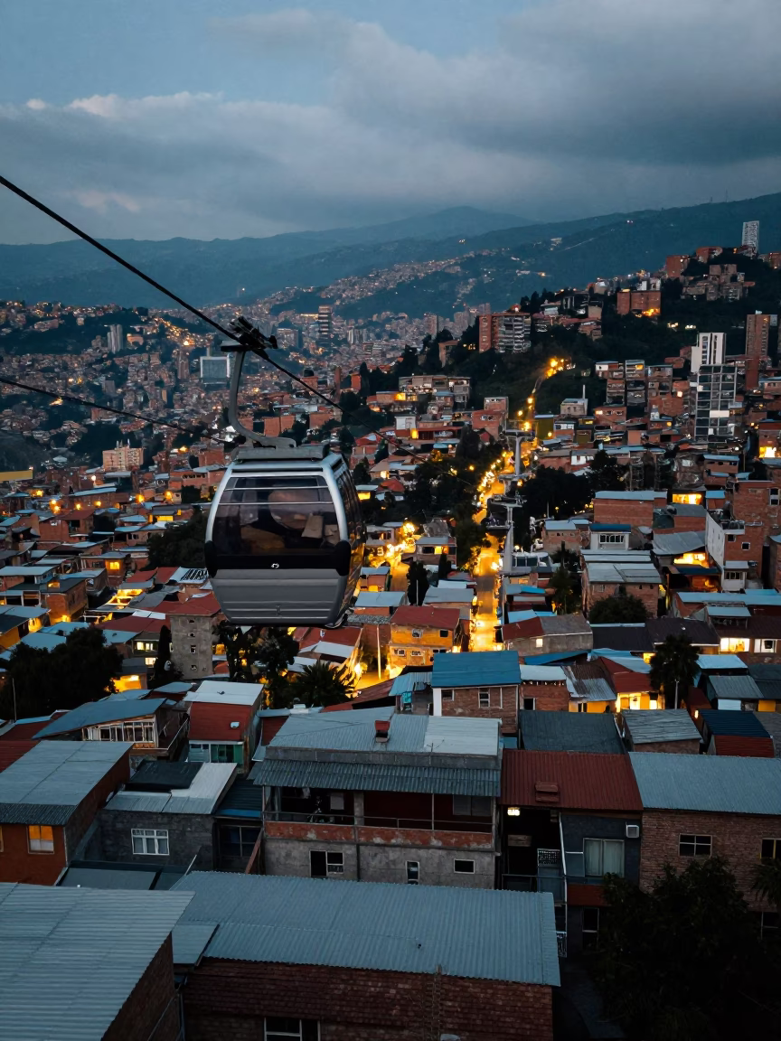 Metro Cable Car Over Medellin Rooftops at Dusk with Construction and Urban Life in in Medellin, Colombia