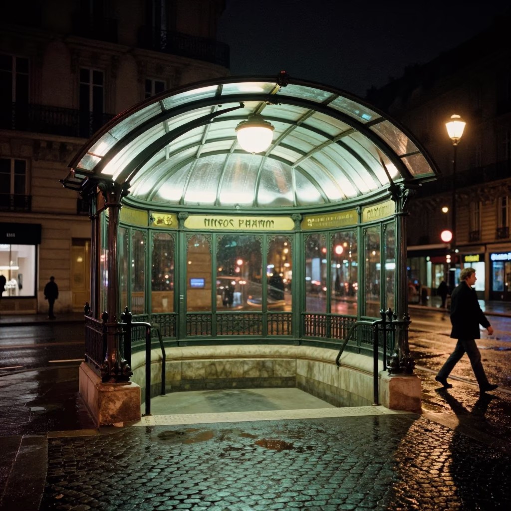 Metro Entrance in Paris at Late At Night Light in in Paris, France