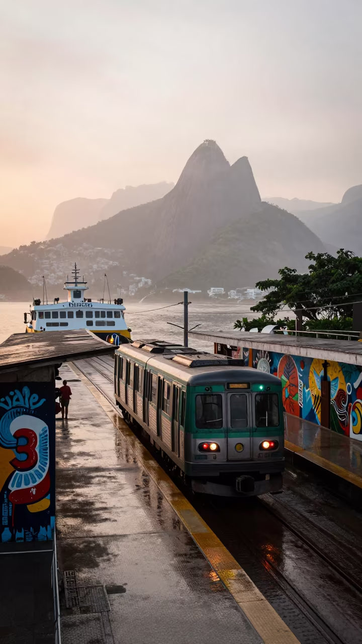 Metro Train Arrives at Ferry Crossing Station in across a remote ferry crossing near Centro, Rio de Janeiro