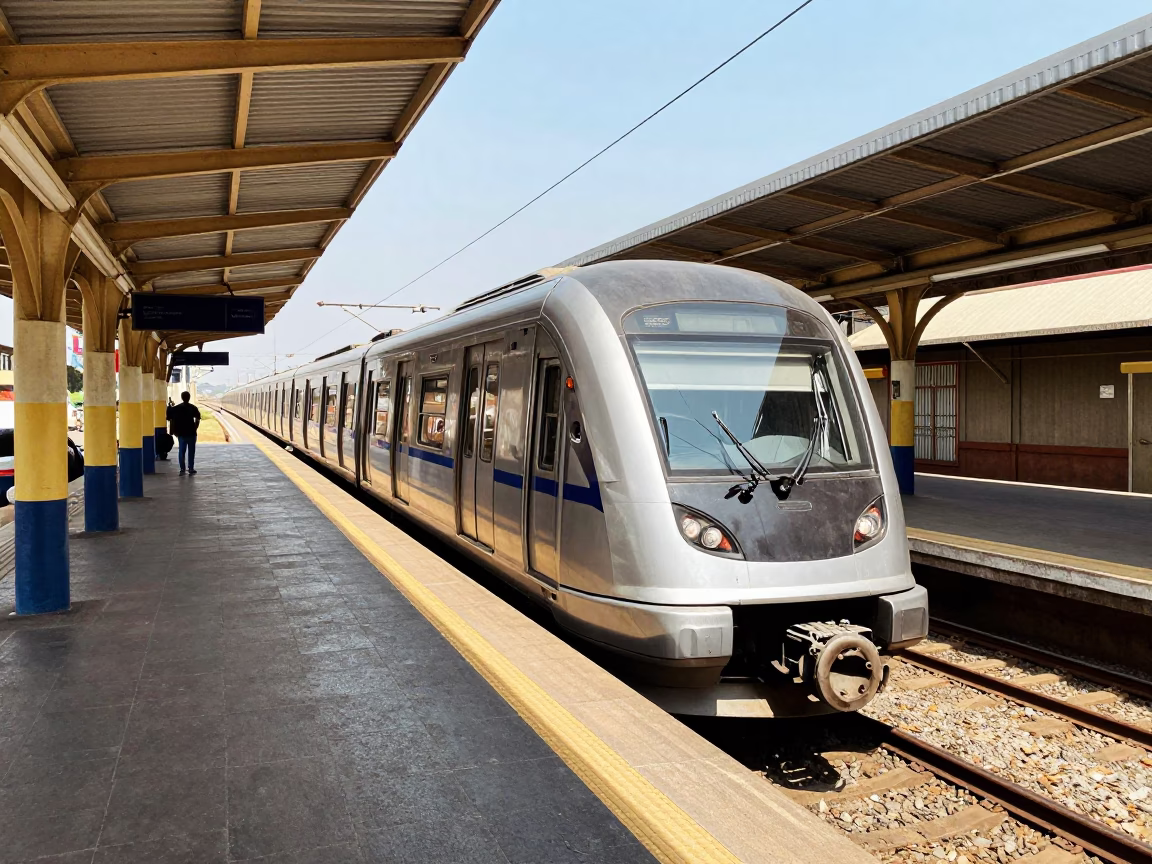 Metro train arriving at art-adorned station in Johannesburg South Africa under noon glare in in Johannesburg, South Africa