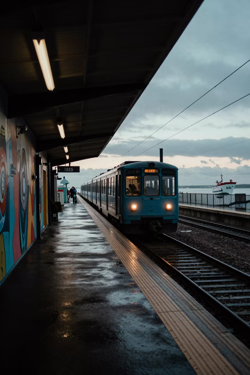 Metro Train Arriving At Remote Ferry Station in across a remote ferry crossing near Huambo