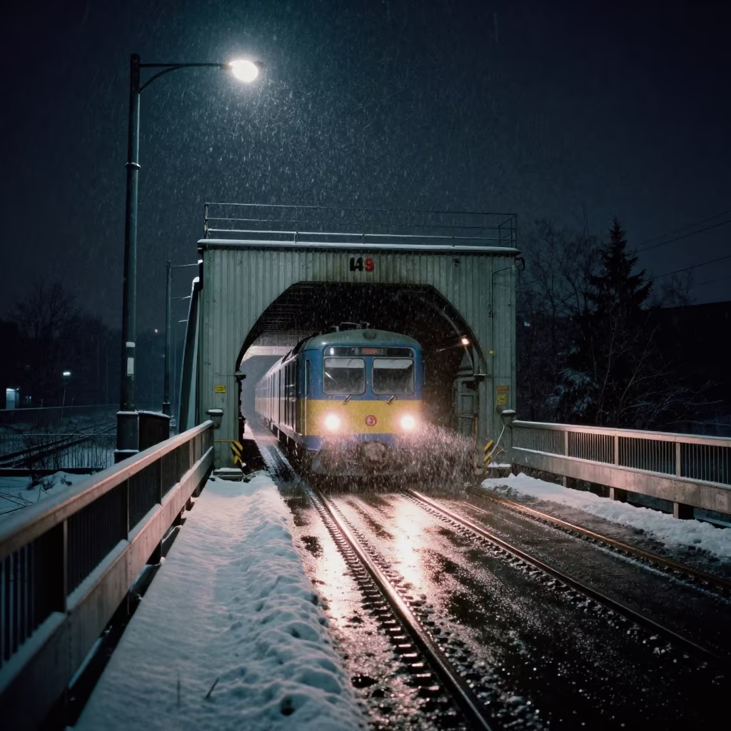 Metro Train Emerges From Tunnel Into Moonlit Serbia Night in on a wind-open causeway in Serbia