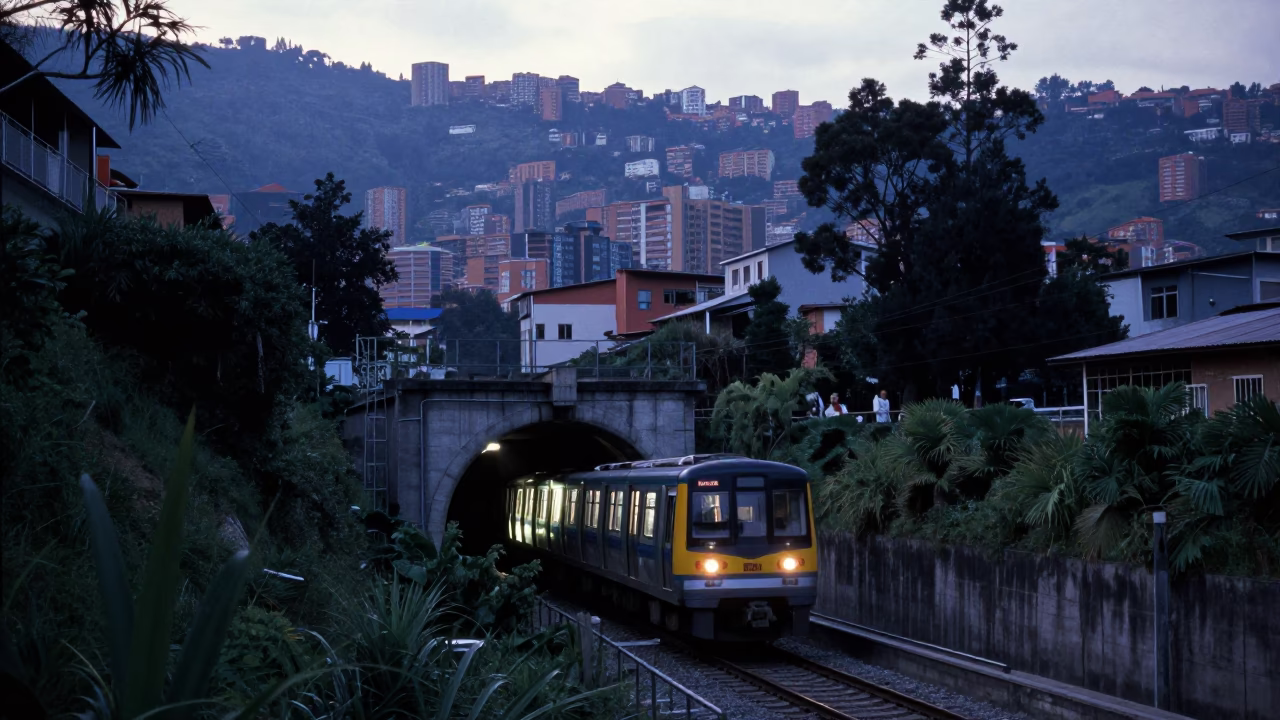 Metro Train Emerging from Tunnel at Dawn in Medellin Colombia in in Medellin, Colombia