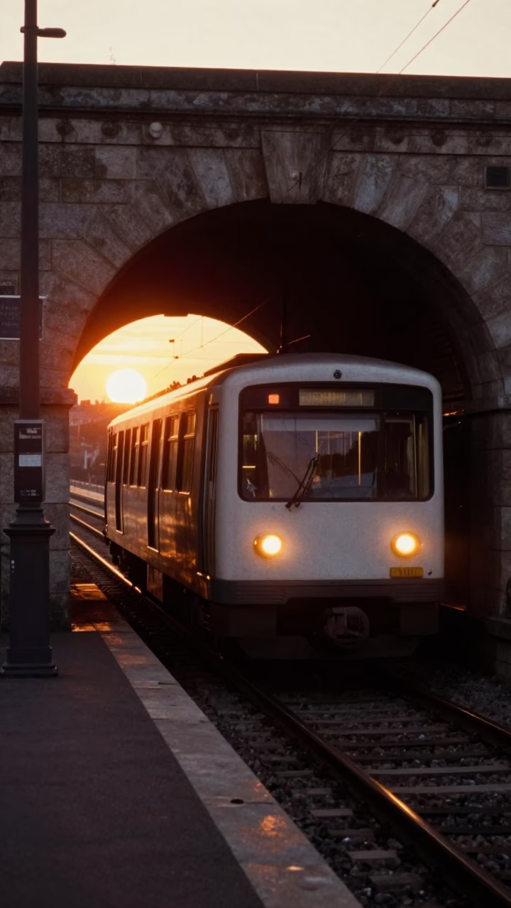 Metro Train Emerging from Tunnel into Golden Sunset Light at Nice Station in in Nice, France