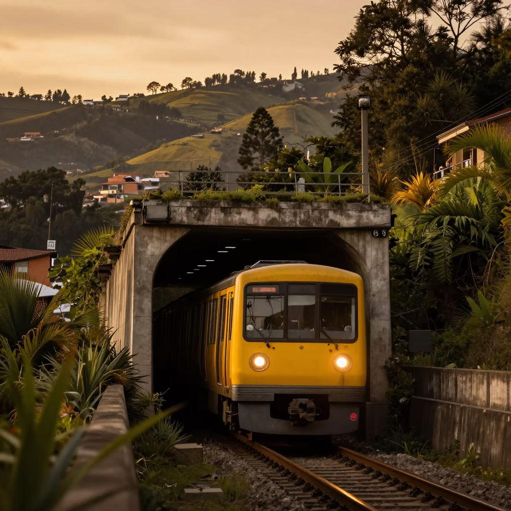 Metro Train Emerging from Tunnel into Honeyed Evening Light in Medellin Colombia in in Medellin, Colombia