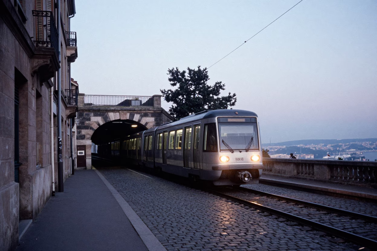 Metro Train Emerging From Tunnel Into Nautical Dawn Light In Lyon France in in Lyon, France