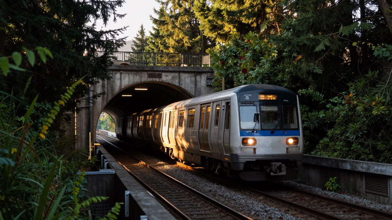Metro Train Emerging from Tunnel into Sunlight in Vancouver British Columbia in in Vancouver, British Columbia, Canada