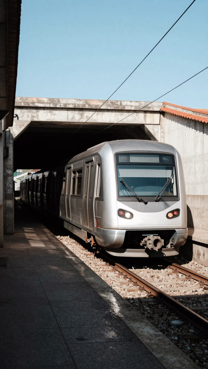 Metro Train Emerging from Tunnel Under Flat Noon Glare in Porto Portugal in in Porto, Portugal