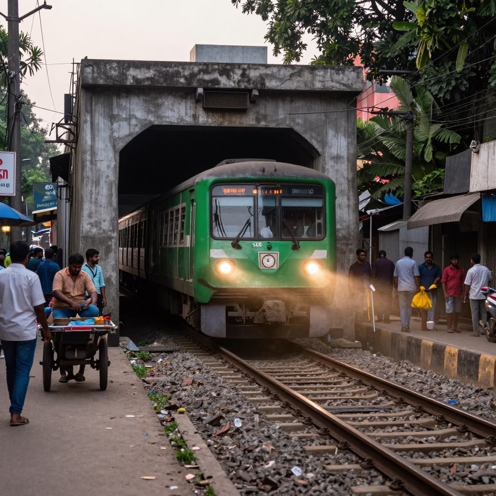 Metro train emerging into late afternoon daylight in Kolkata India street scene in in Kolkata, India