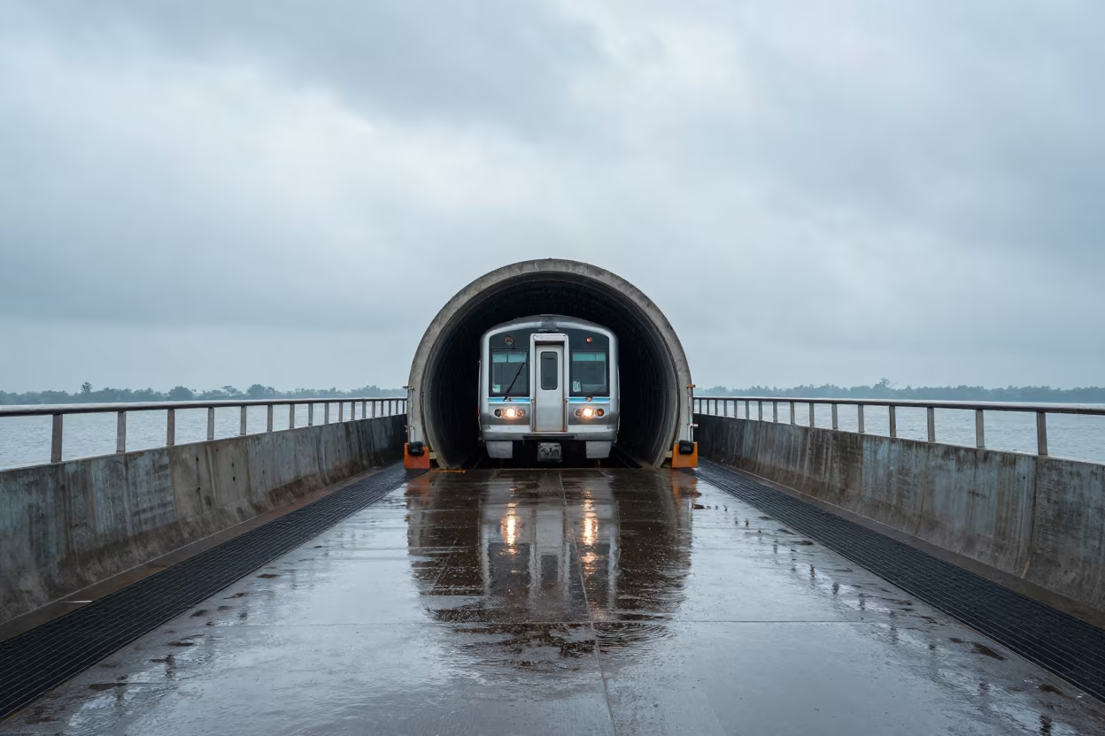 Metro Train Emerging From Tunnel Into Daylight in across a remote ferry crossing in Gujarat