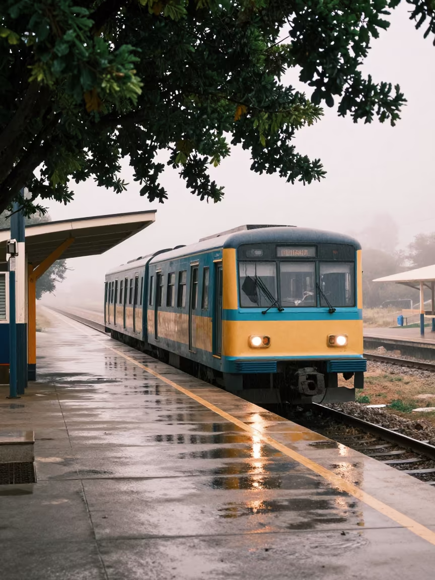 Metro Train Enters Foggy Harbor Station in beside a fogbound harbor mouth in Namibia