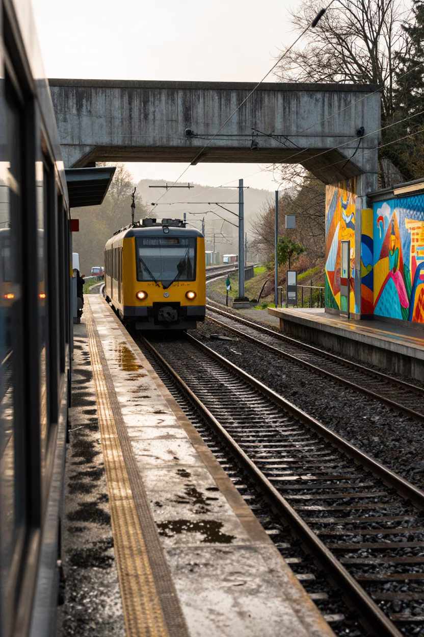 Metro Train Arrives in Rhine Valley Station in along a switchback approach in the Rhine Valley