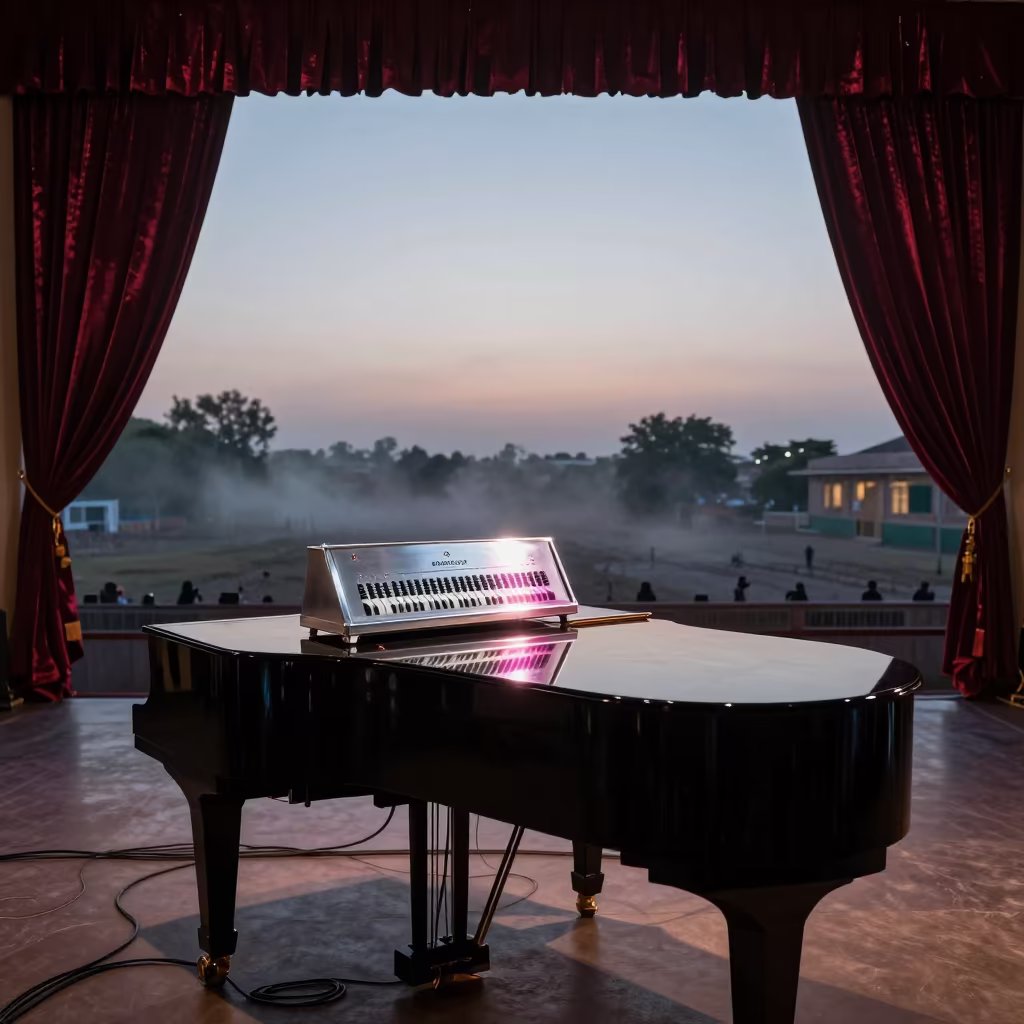 Metronome on Piano Lid in Neon Light in in a concert hall in Hanumangarh