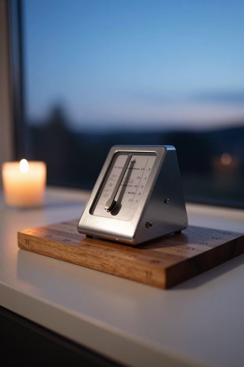 Metronome on Wooden Tray in Candlelight in on a wooden workbench in Seattle