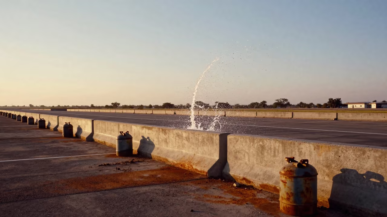 Mexican Airbase Checkpoint Water Suspension Golden Hour in along an airbase flight line in Mexico