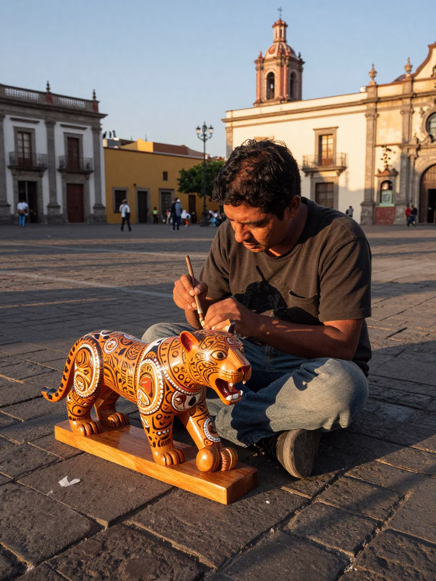 Mexican Alebrijes Carver Painting Wooden Jaguar in Honeyed Evening Light Mexico City in in Mexico City, Mexico