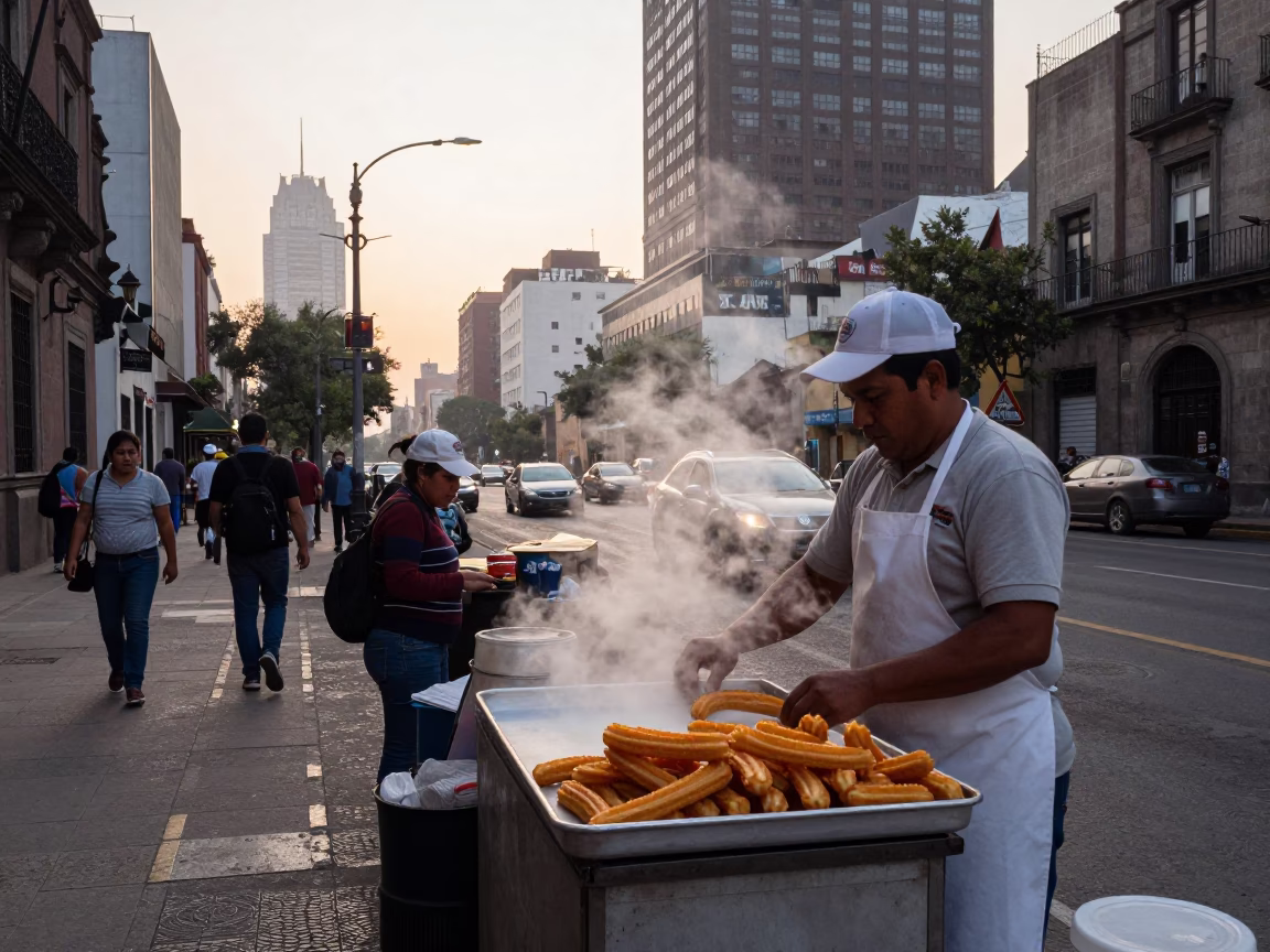 Mexican Breakfast Street Scene in Mexico City at Nautical Dawn with Churros in in Mexico City, Mexico
