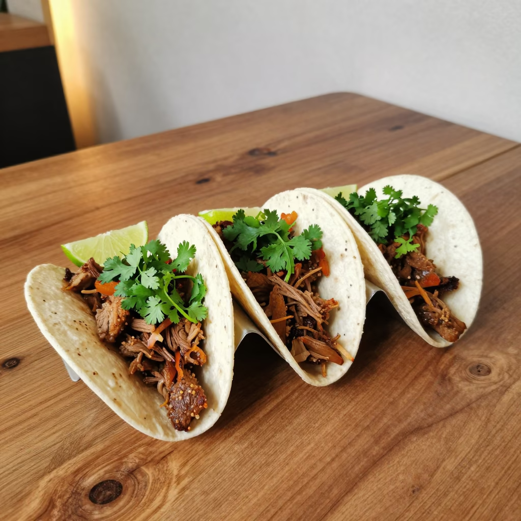 Mexican Carnitas Tacos with Lime and Cilantro in on a rustic wooden table in Ankara