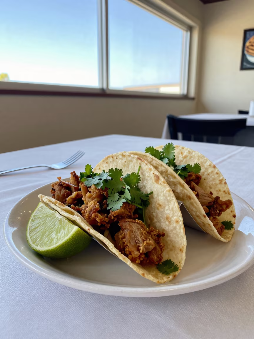 Mexican Carnitas Tacos with Lime and Cilantro in on a linen-covered restaurant table in North Beach, San Francisco