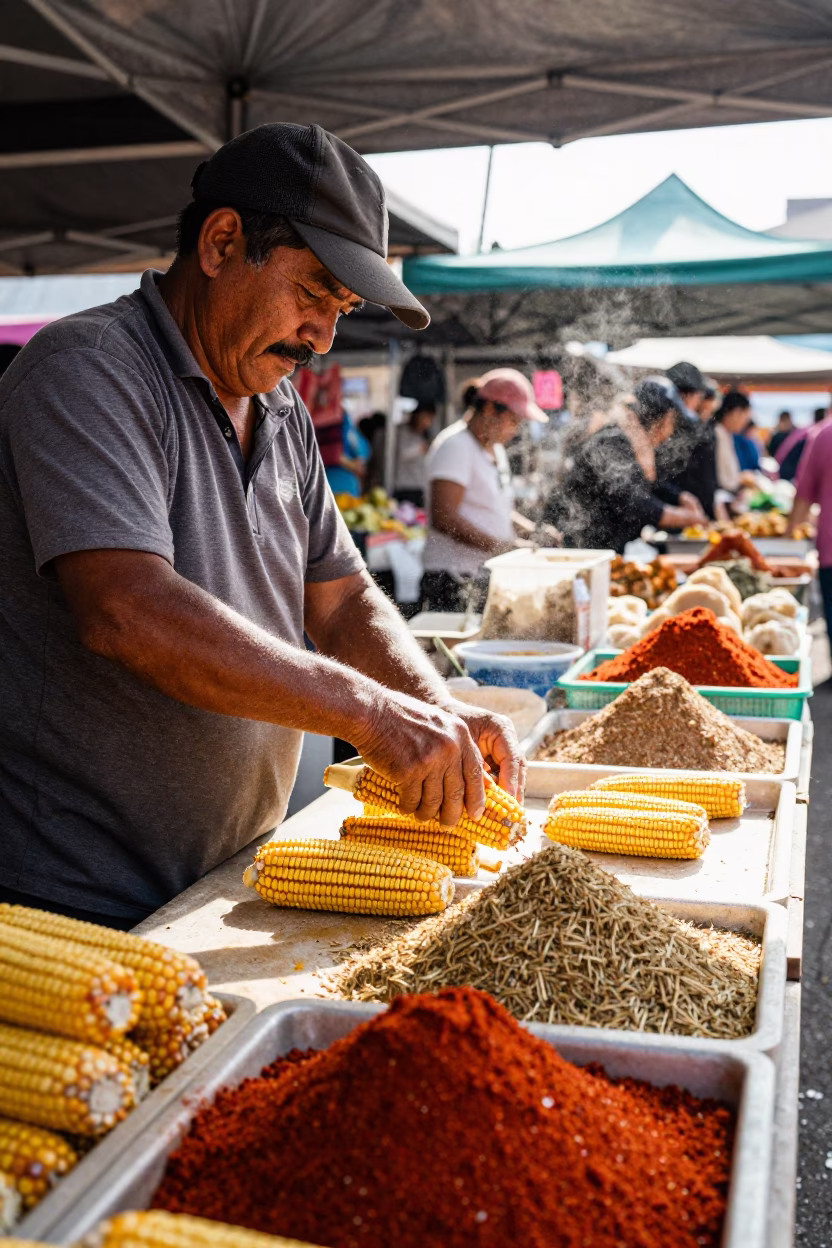Mexican Corn Vendor at Tianjin Spice Stall in at a spice vendor's table in Tianjin