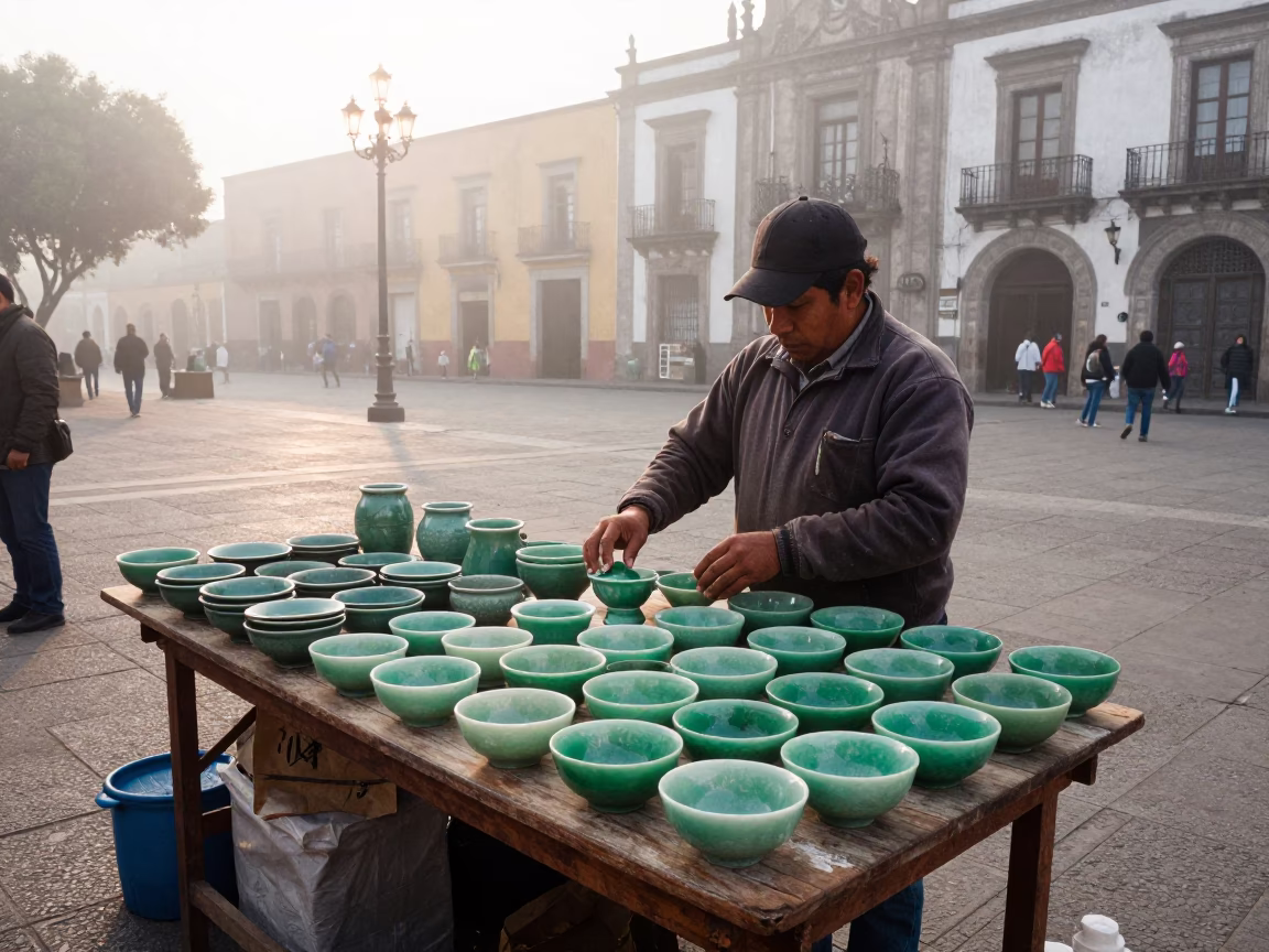Mexican Market Stall Vendor Arranging Jade Ceramics in Misty Dawn Light in in Mexico City, Mexico