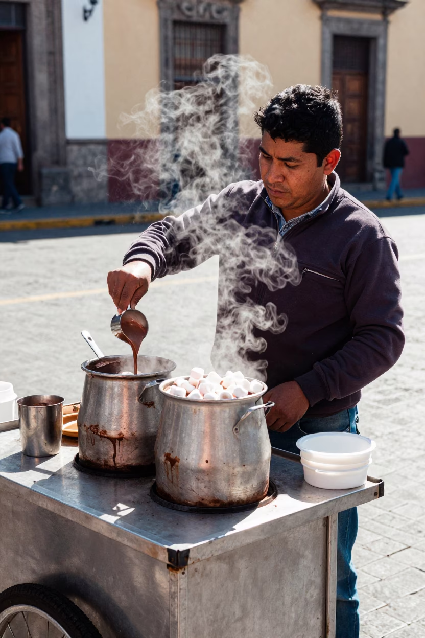 Mexican Street Vendor Selling Hot Chocolate with Marshmallows in Mexico City Midday Light in in Mexico City, Mexico