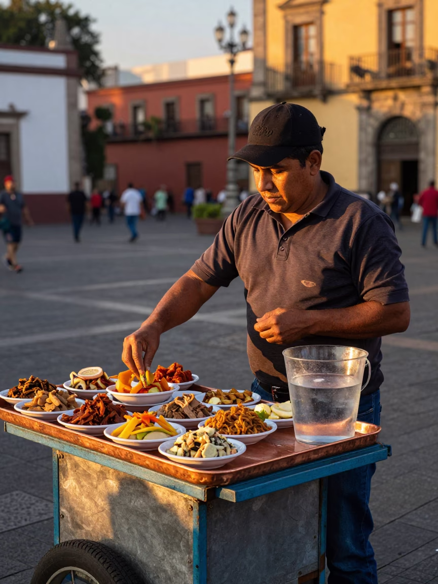 Mexican Street Vendor Selling Mezze and Water in Honeyed Evening Light in in Mexico City, Mexico