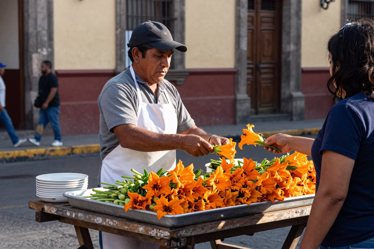 Mexican Street Vendor Selling Squash Blossoms in Mexico City Early Afternoon in in Mexico City, Mexico