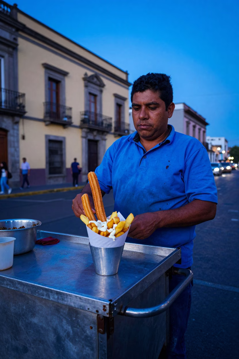 Mexican street vendor serving churros in Mexico City evening blue light in in Mexico City, Mexico