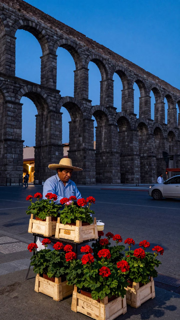 Mexican Street Vendor with Geraniums and Roman Aqueduct at Dusk in Guadalajara in in Guadalajara, Mexico
