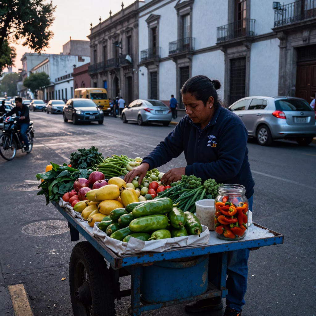 Mexico City Arranging Produce in in Mexico City, Mexico
