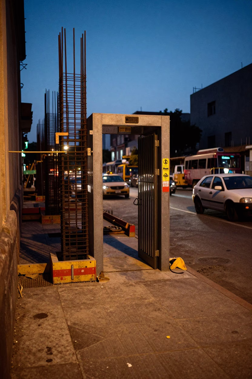 Mexico City Blue Hour Construction Site with Rebar and Elevator Gate in in Mexico City, Mexico