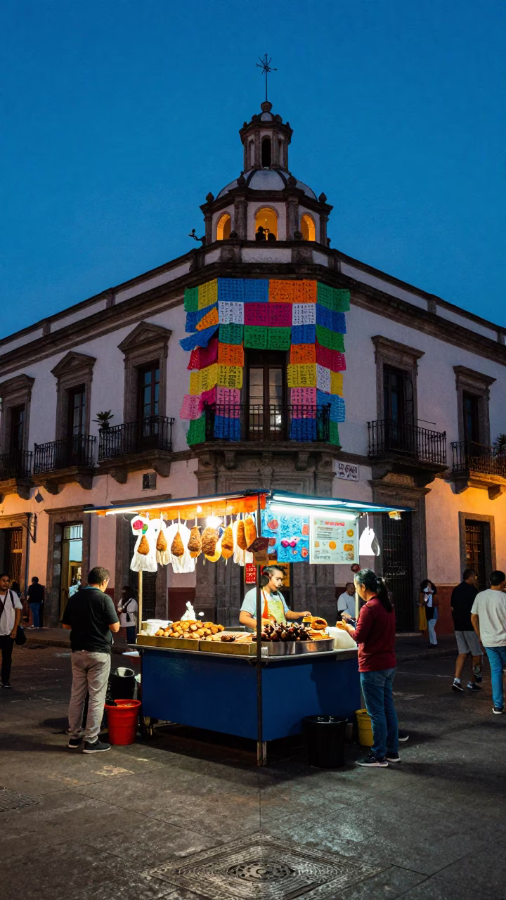 Mexico City Blue Hour Street Scene with Anticuchos and Tissue Paper Art in in Mexico City, Mexico