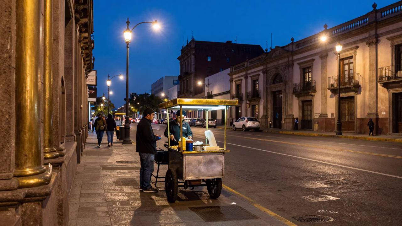 Mexico City Blue Hour Street Scene with Brass Details and Urban Texture in in Mexico City, Mexico