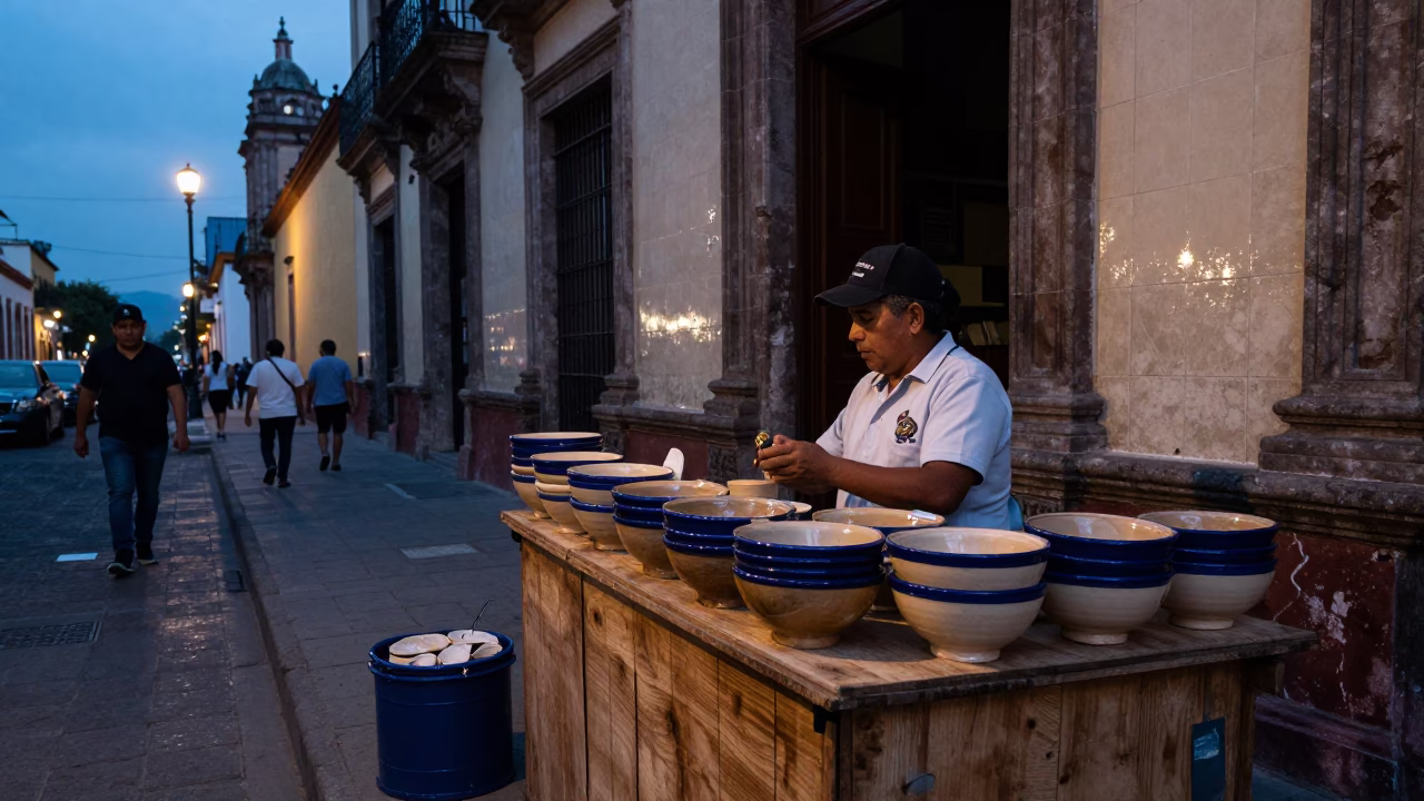 Mexico City Blue Hour Street Scene with Ceramic Bowls and Tiled Architecture in in Mexico City, Mexico
