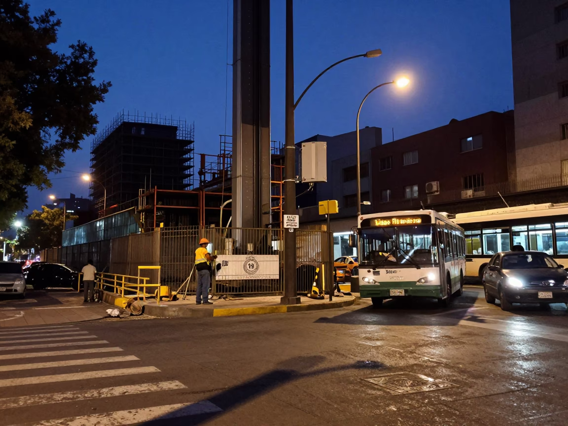 Mexico City Blue Hour Street Scene with Construction Site and Local Transit in in Mexico City, Mexico