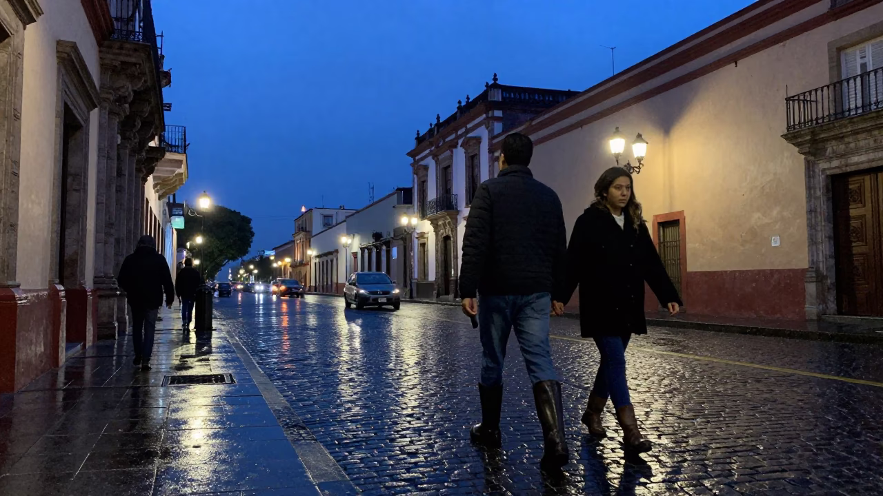 Mexico City Blue Hour Street Scene with Couple Walking and Rain Boots in in Mexico City, Mexico