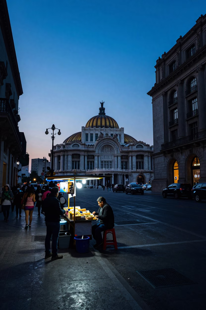 Mexico City Blue Hour Street Scene with Food Vendor and Urban Architecture in in Mexico City, Mexico