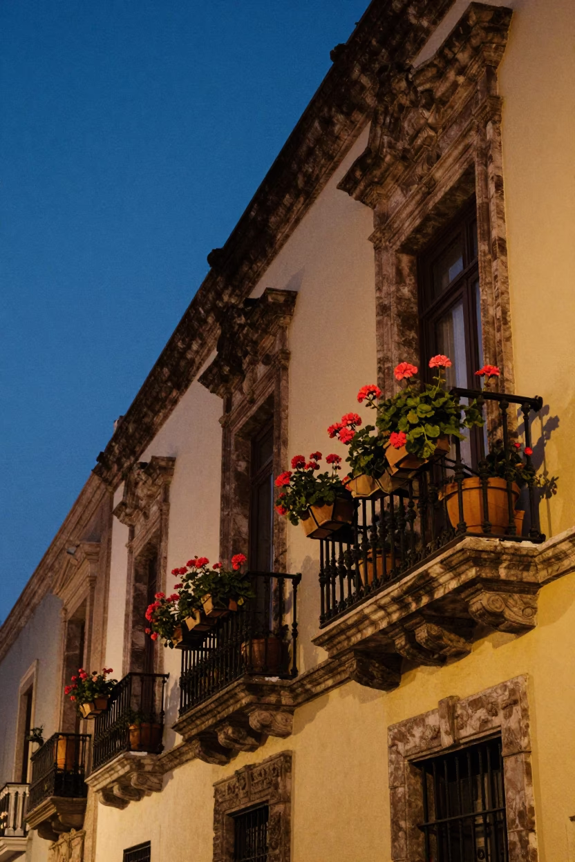 Mexico City blue hour street scene with potted geraniums on colonial balcony in in Mexico City, Mexico