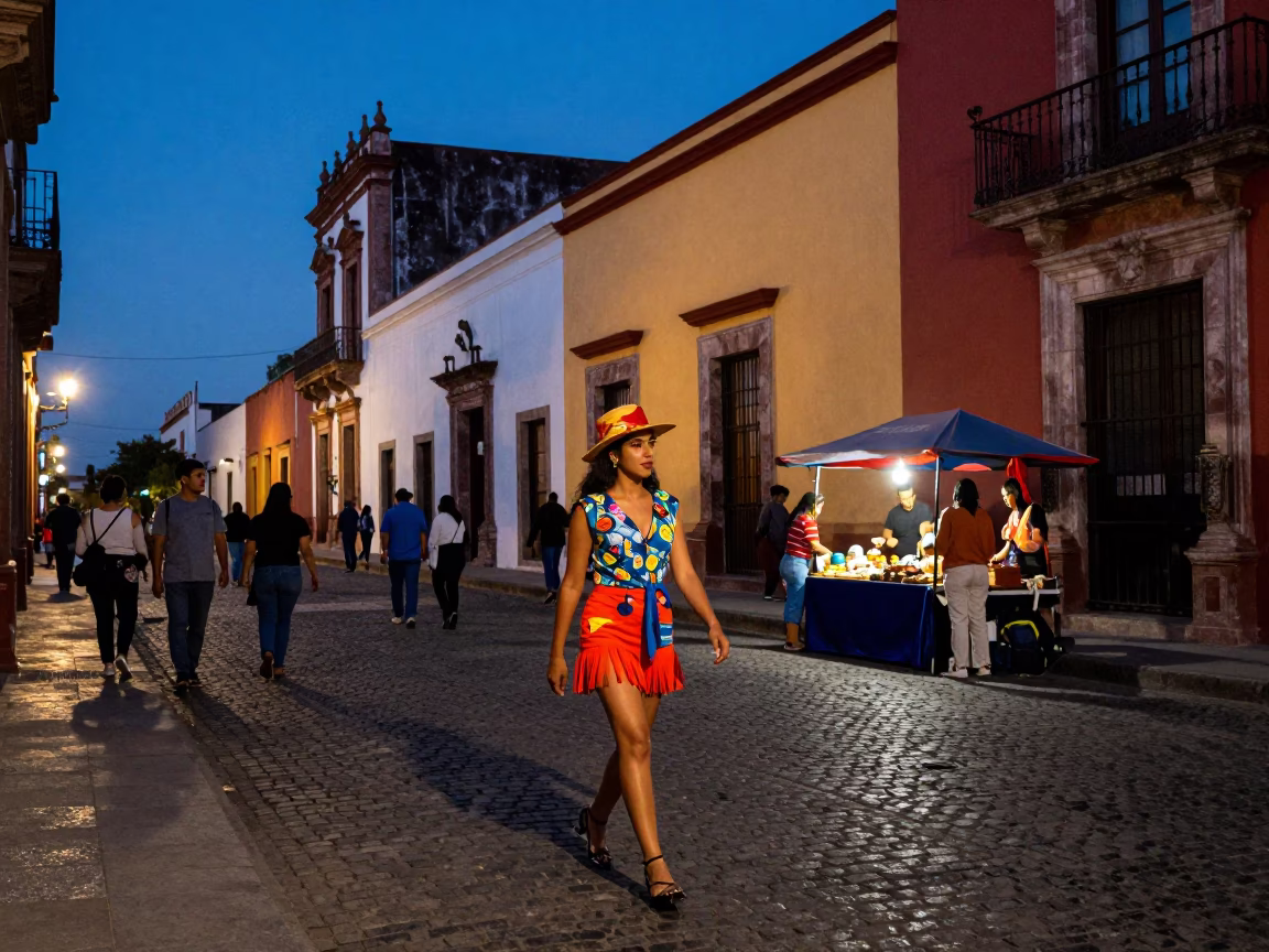 Mexico City Blue Hour Street Scene with Vintage Fashion and Local Details in in Mexico City, Mexico