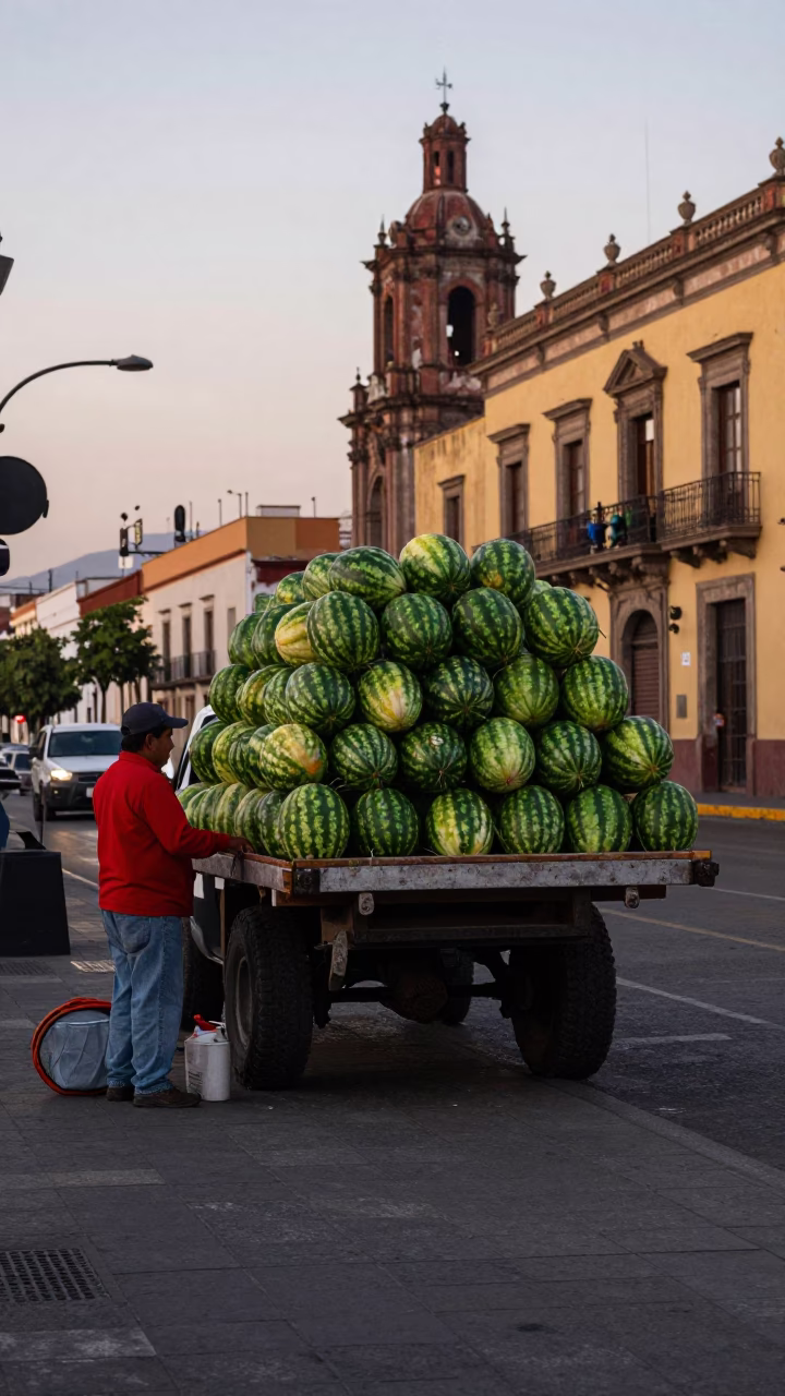 Mexico City Dawn Street Scene with Vendor and Watermelon Truck at First Light in in Mexico City, Mexico