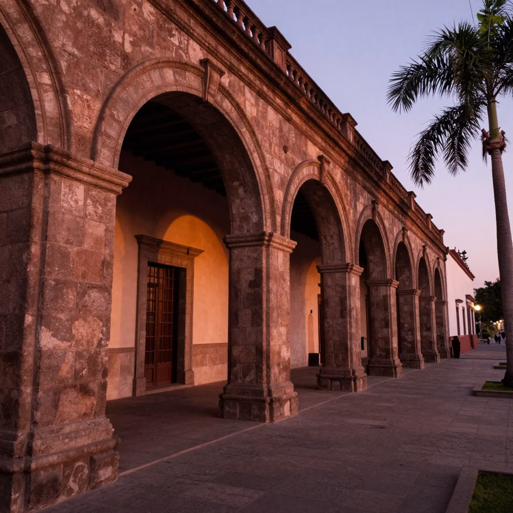 Mexico City dusk light on colonial stone arches and palm tree avenue in in Mexico City, Mexico