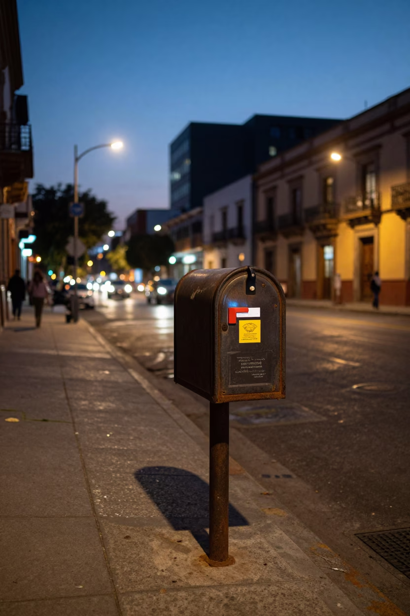 Mexico City dusk street scene with vintage mailbox and glowing city lights in in Mexico City, Mexico