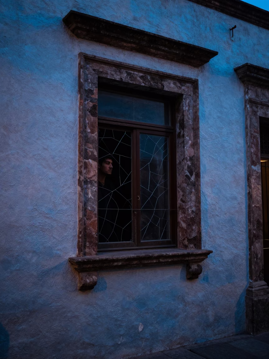 Mexico City Evening Blue Hour Street Scene with Cracked Window and Workbench in in Mexico City, Mexico