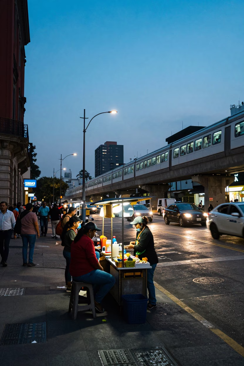 Mexico City Evening Street Scene with Monorail and Urban Life in Blue Hour in in Mexico City, Mexico