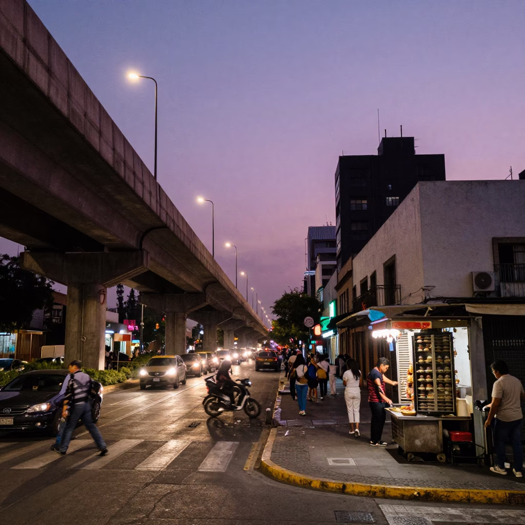 Mexico City Evening Street Scene with Overpass Ramp and Kebab Grill in in Mexico City, Mexico