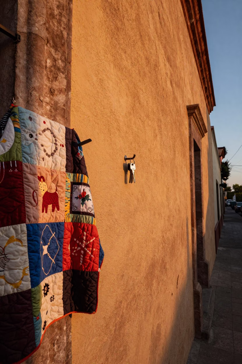 Mexico City Evening Street Scene with Quilt and Wall Hook Details in in Mexico City, Mexico